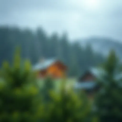 A serene view of a rainy day in Michigan's up-north with green trees and a cozy cabin in the background.