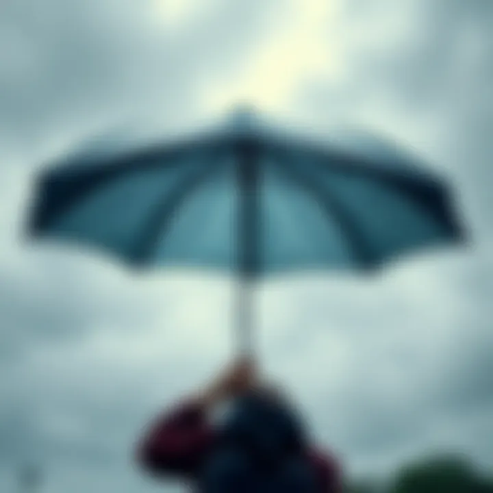 A person holding an umbrella under gray clouds while raindrops fall around them, symbolizing the love for rainy days and class cancellations.