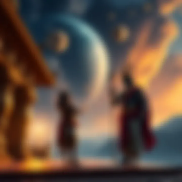 Raja Bali stands in a grand ceremony, with Vamana beside him asking for land. The sky shows the alignment of Jupiter and Venus, symbolizing choices and growth.