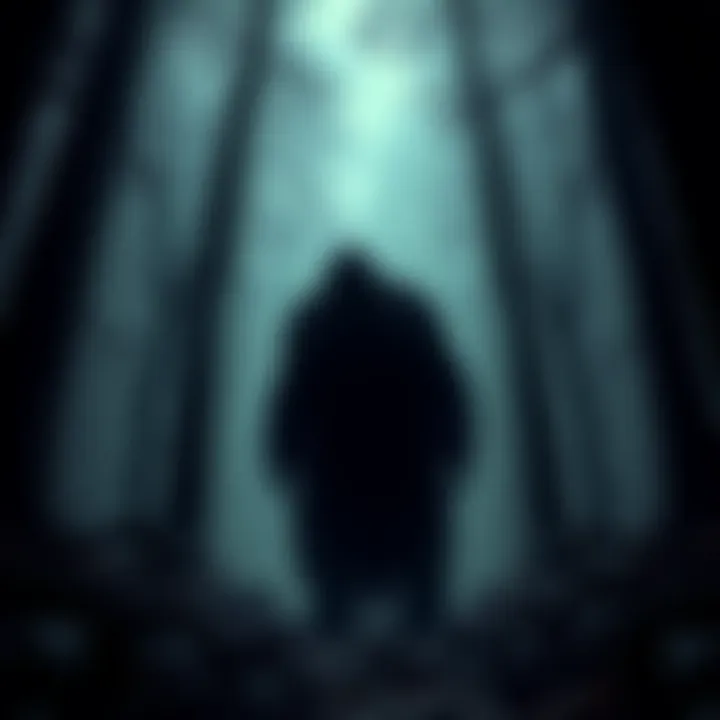 A shadowy figure resembling the Rake cryptid lurking in a dark forest with trees surrounding it