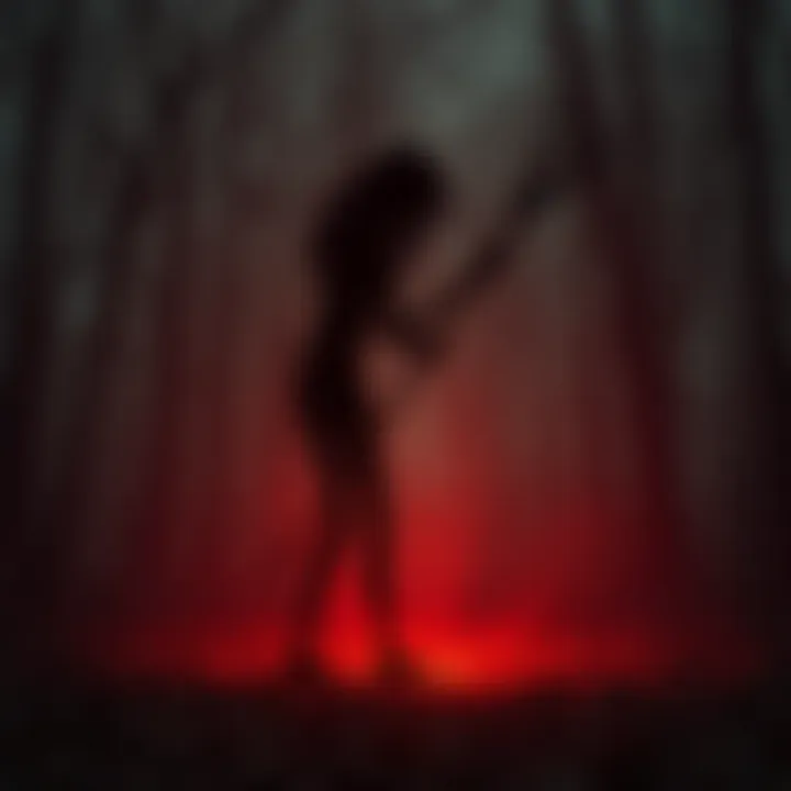 A dark, thin figure resembling a rake stands among trees in a dimly lit forest, evoking fear in nearby residents.