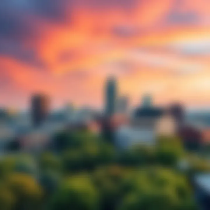 A view of Raleigh's skyline featuring modern buildings and green spaces in the foreground