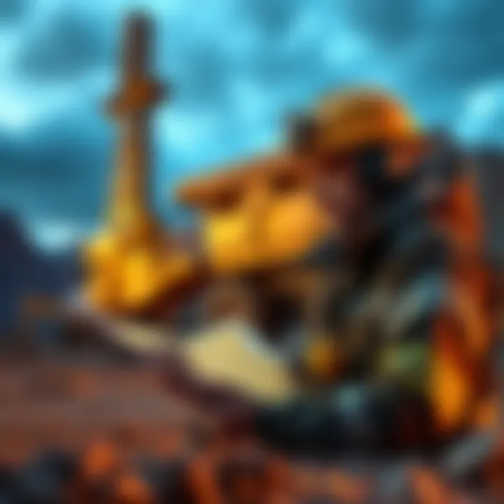 A miner studying a gold map while examining drilling equipment at a mining site