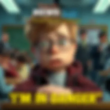 Ralph Wiggum with a worried expression, saying 'I'm in danger' in a classroom setting