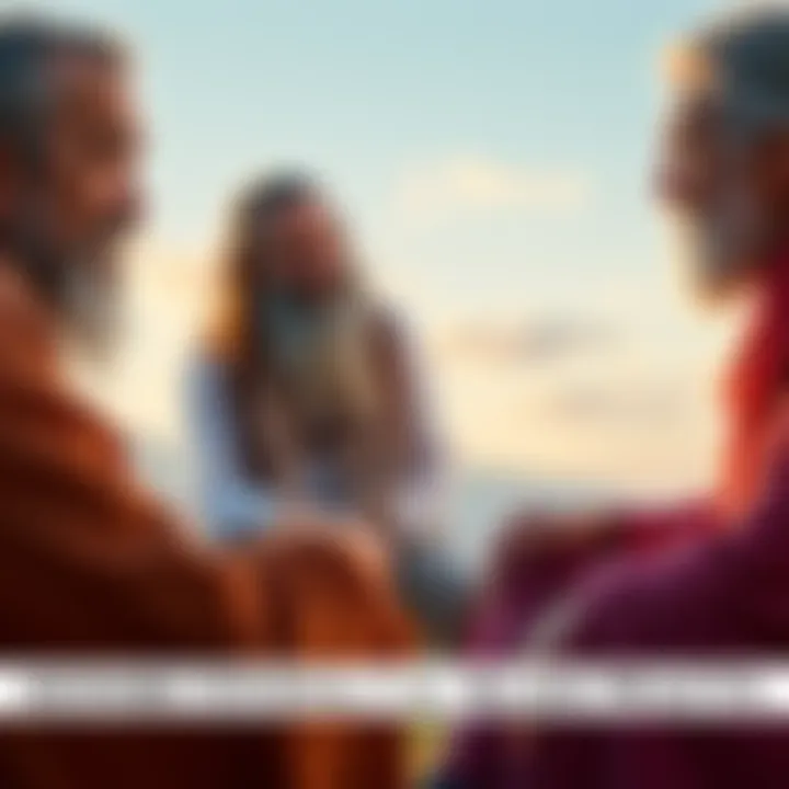 Ram Das and Alan Watts sitting together, engaged in conversation about philosophy, with a serene backdrop of nature.