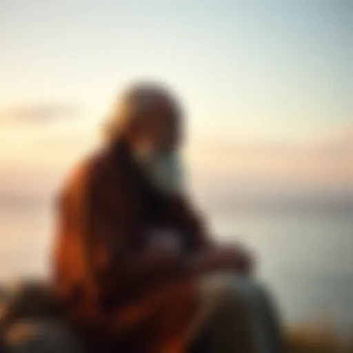 Ram Dass sitting peacefully, contemplating love and grief, with soft lighting and a serene background.