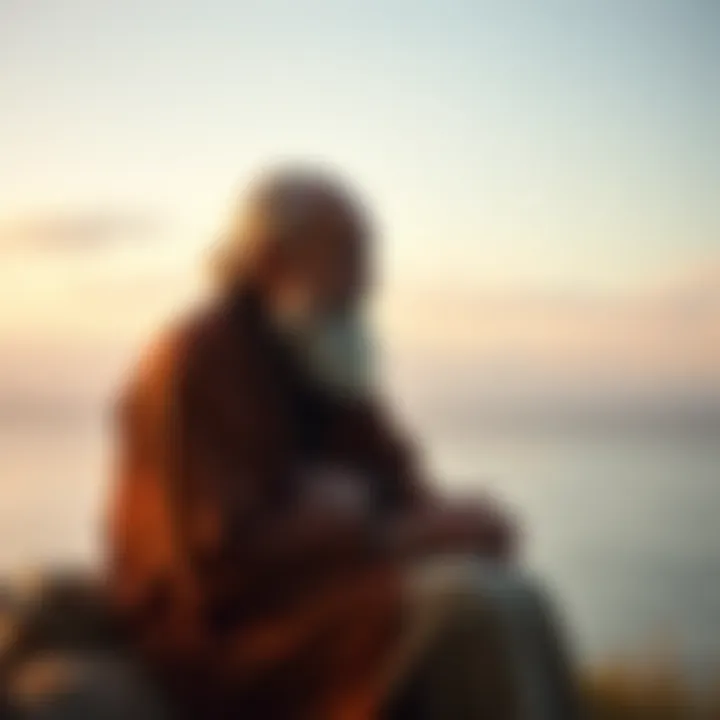 Ram Dass sitting peacefully, contemplating love and grief, with soft lighting and a serene background.