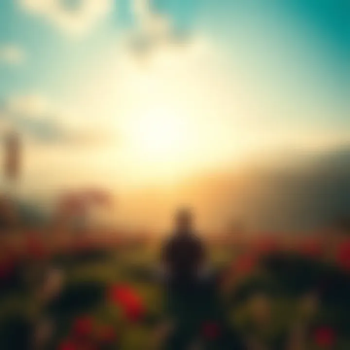 A serene landscape with a meditative figure reflecting on the wisdom of Ram Dass amidst nature, symbolizing hope and healing for long COVID sufferers.