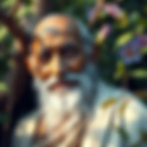 A serene portrait of Ramana Maharshi with a peaceful expression, surrounded by nature
