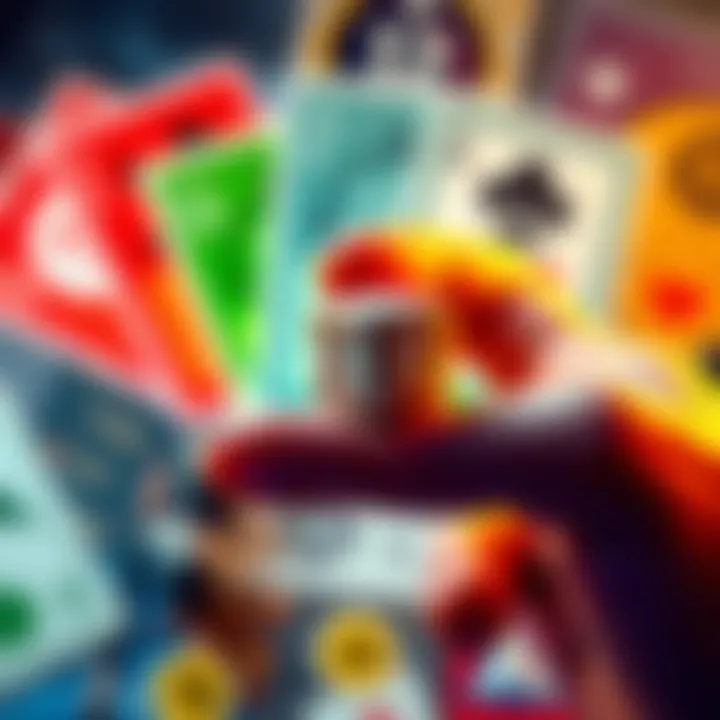 Illustration of a hand holding dice with colorful game cards in the background, representing randomness in games and numbers.