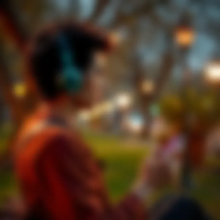 A person looks at their phone while waiting during a randonauting session in a park, looking thoughtful.