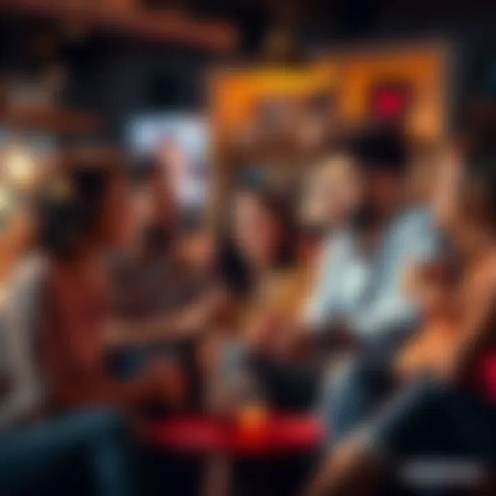 A diverse group of people sharing their experiences and ratings of past lovers in a casual setting, discussing intimacy and preferences.