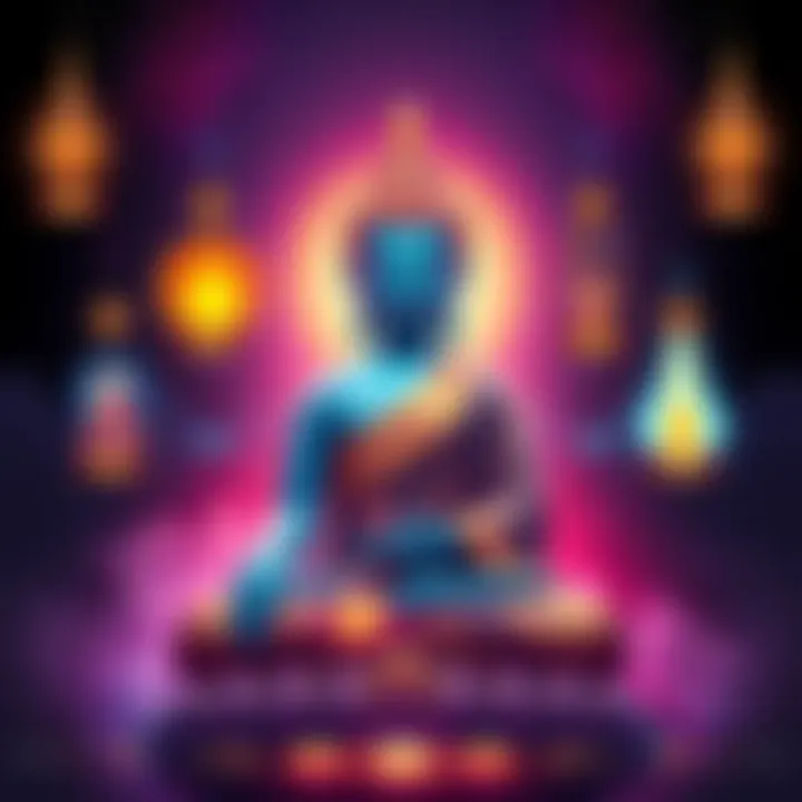 Illustration showing different ranks in Buddhism with a bodhisattva figure and symbols representing various levels leading to enlightenment.