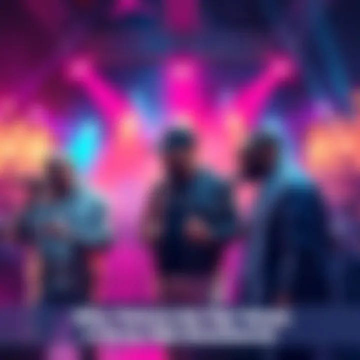 Rap Battle Showdown Three artists, Slump, Che, and Osama, passionately debating over their best rap verses in a vibrant forum setting.