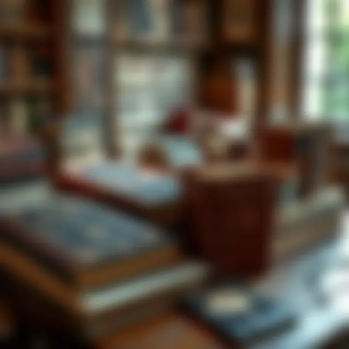 Rare Books Collection A display of rare and unique books on a wooden table, showcasing their vintage covers and spines.