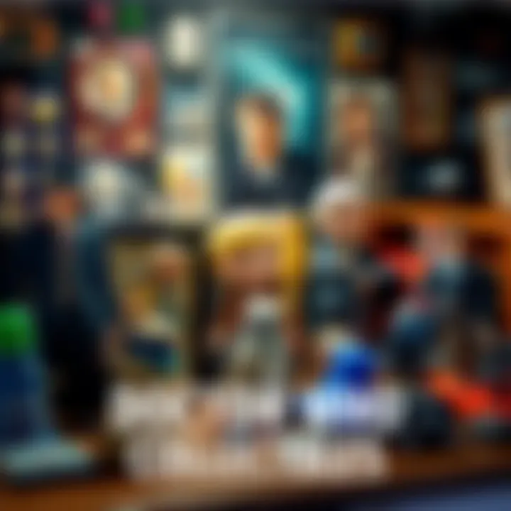 A collection of unique Doctor Who memorabilia displayed on a table, showcasing toys, figures, and posters from the show.