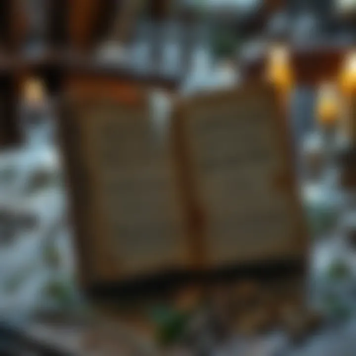 Rare French Folk Magic Book A close-up of an old French book on folk magic with worn pages and no barcode, sitting on a wooden table, surrounded by herbs and candles.