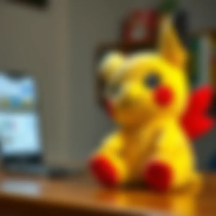 A close-up of a rare Pokemon plush toy sitting on a table, showcasing its vibrant colors and soft texture, with a blurred eBay listing on a smartphone in the background.