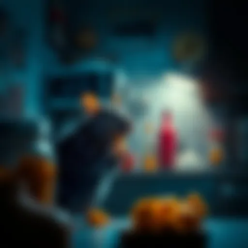 A rat munching on snacks in a dimly lit kitchen at night