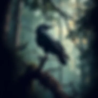 Raven in the Woods A large raven perched on a tree branch in a dense forest, symbolizing a connection to Norse spirituality after an offering to Odin.