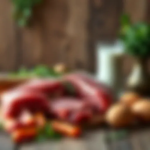 A selection of raw meat, raw milk in a glass, and fresh eggs on a wooden table, showcasing local farm produce.