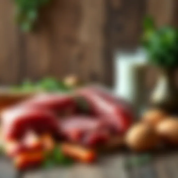 A selection of raw meat, raw milk in a glass, and fresh eggs on a wooden table, showcasing local farm produce.