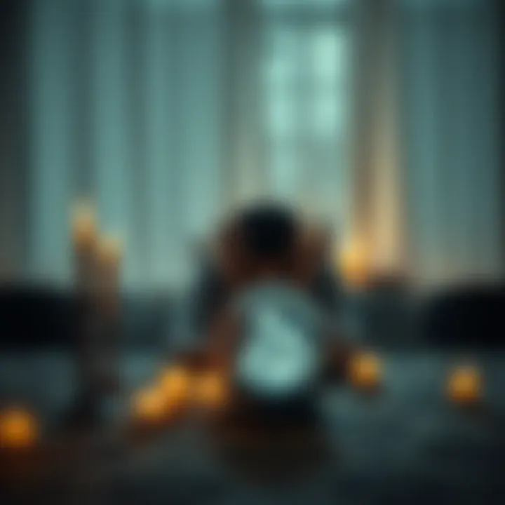 A person sitting at a table with candles and a crystal ball, seeking to connect with a lost loved one, expressing hope and reflection.