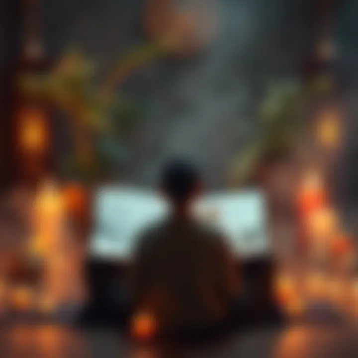 A person sitting cross-legged with open Buddhist texts in front of them, contemplating the teachings, surrounded by a peaceful setting with candles and plants.