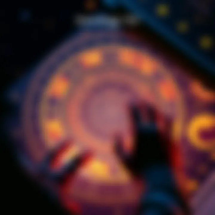 A person studying a colorful birth chart with astrological symbols and signs, surrounded by stars