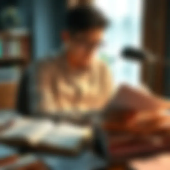 A person sitting at a desk, surrounded by open books and notes, focused on understanding difficult material.