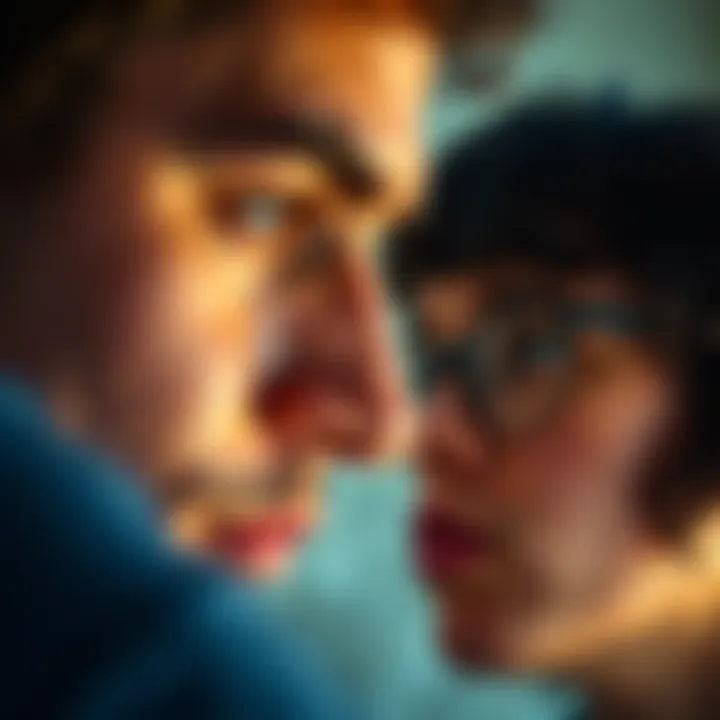 Person reading emotions on a friend's face A close-up of a person looking intently at another person's face, showing focus and curiosity about their emotions.