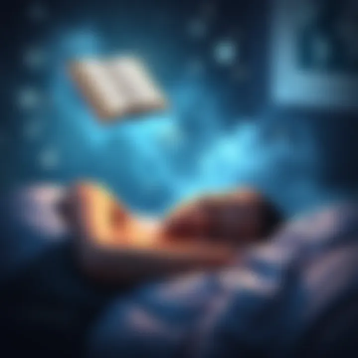 A person peacefully sleeping with a book floating above their head, representing reading in dreams.