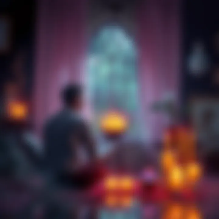 A person sitting at a table, engaged in a reading session with a reader, surrounded by candles and crystals, reflecting a calming atmosphere.
