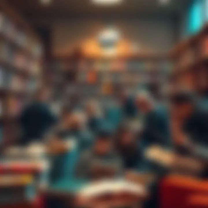A diverse group of people sitting in a cozy library, engaging in reading activities with books and tablets around them.