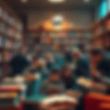 Reading Session Invitation A diverse group of people sitting in a cozy library, engaging in reading activities with books and tablets around them.