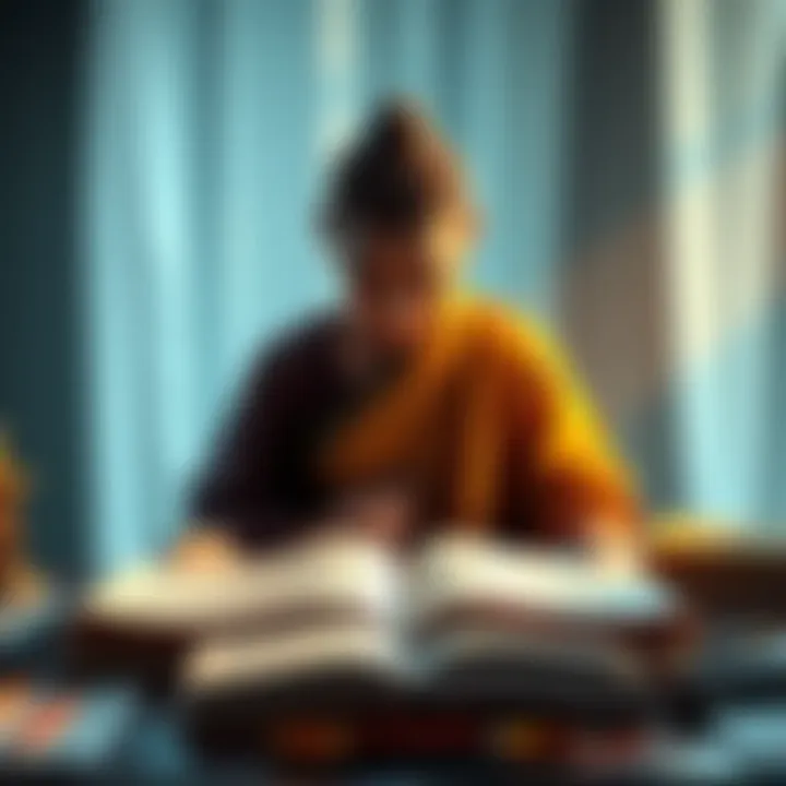 A person studying the Sutta Pitaka with books open and notes on the table.