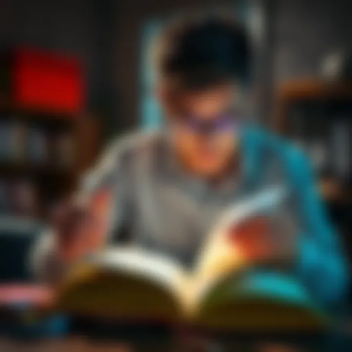 A beginner reading a book with notes and highlighters, focusing on comprehension techniques