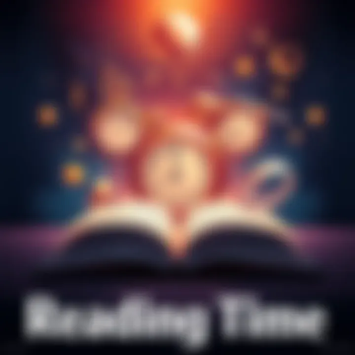 An open book with symbols representing past, present, and future around it, including clock, calendar, and stars.