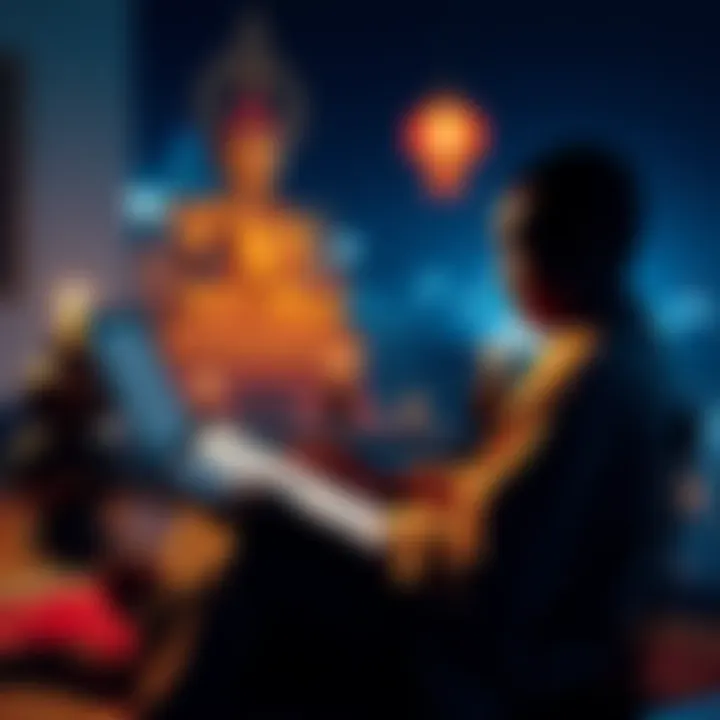 A person reading the Tripitaka on a laptop with Buddhist symbols in the background