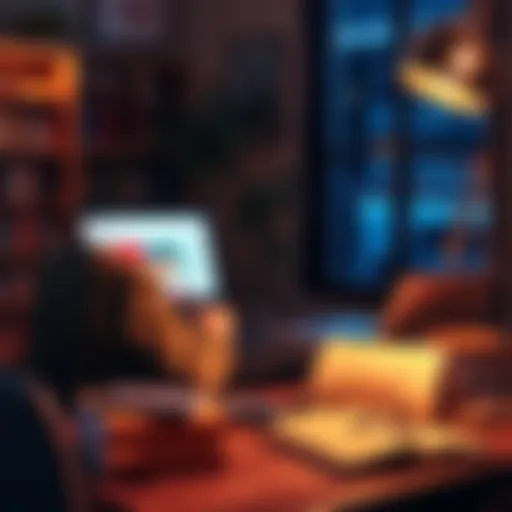 A person sitting at a desk with a laptop open, exploring reading-related videos on YouTube, surrounded by books and a cozy night setting.