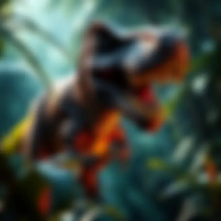 Realistic CGI Dinosaur from Jurassic Park A visually impressive CGI dinosaur from Jurassic Park, showcasing lifelike textures and detail, set against a lush jungle background.