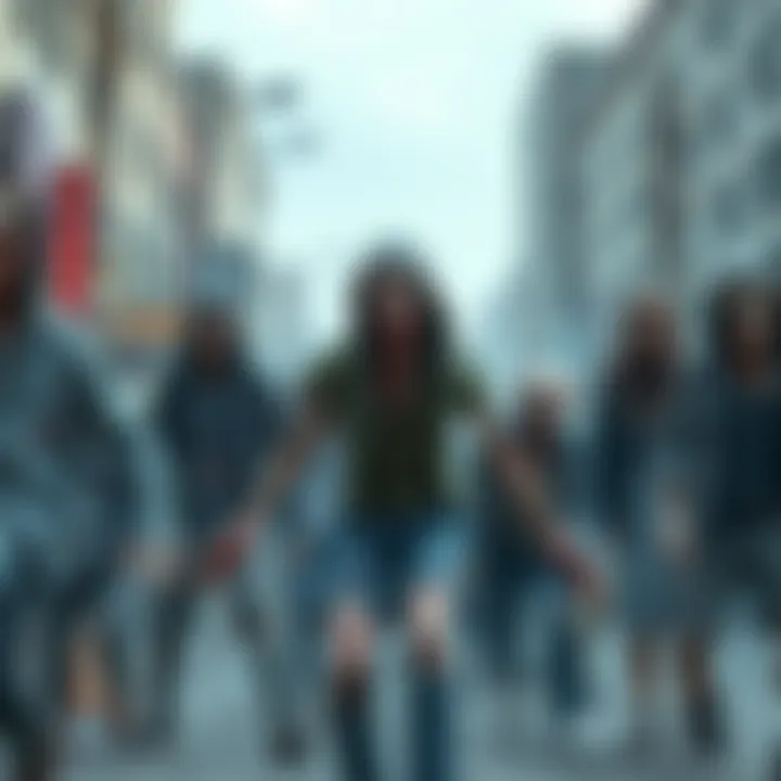 A group of diverse zombies showing different physical conditions and behaviors in a desolate urban setting