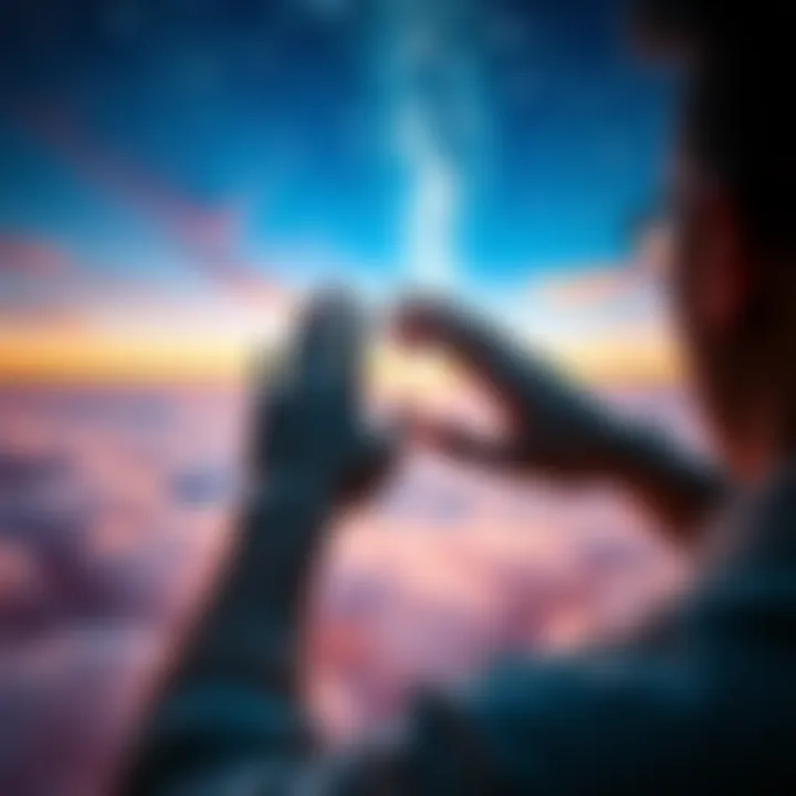 A person looking at their hands to check if they are dreaming, with a dreamy background depicting a surreal landscape.