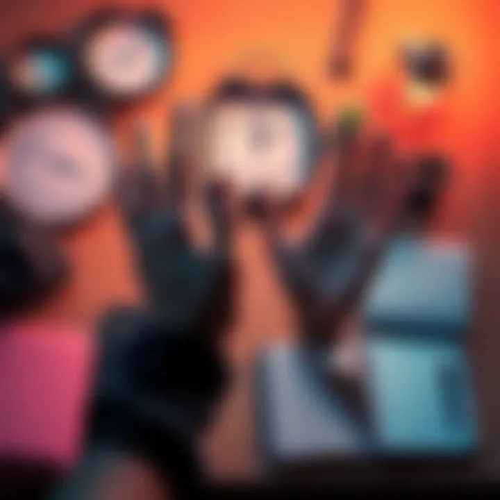 A person holding their hands up to check for reality during the day, surrounded by everyday objects like a clock and a notebook, symbolizing lucid dreaming practice