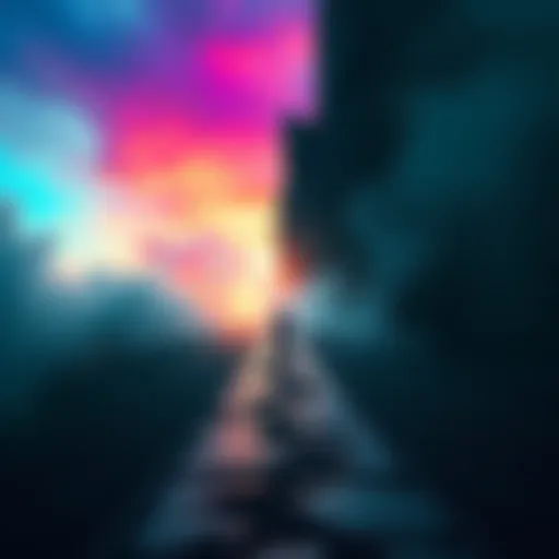 A person standing at a crossroads with one path leading to a bright, colorful world and another to a dark, foggy area, symbolizing the choices between perception and reality.