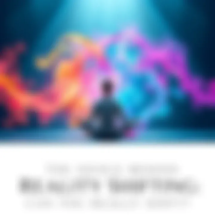 A person sits cross-legged in meditation, surrounded by vibrant energy swirls representing different realities.