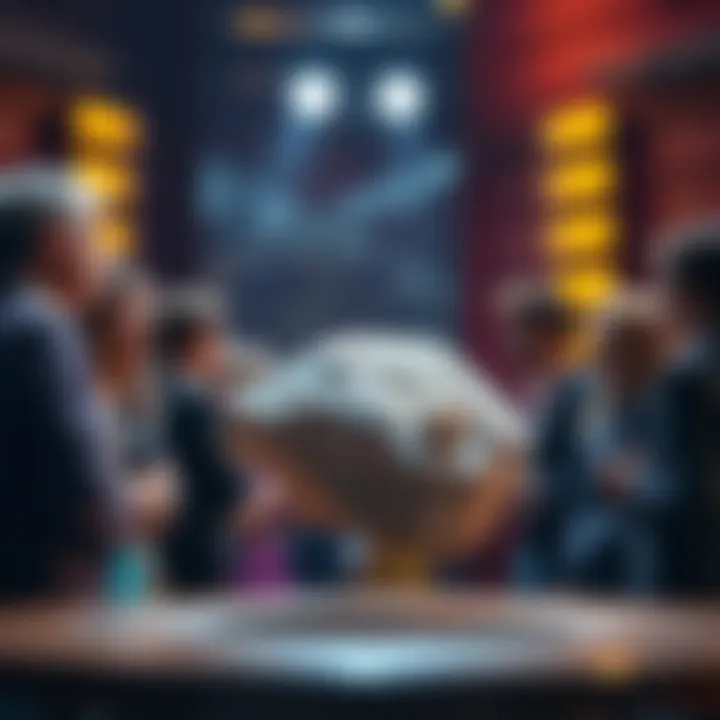 A group of people reacting in shock as a rock is presented as a pearl in a reality show setup.