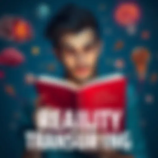 A person reading a book titled 'Reality Transurfing' with a thoughtful expression, surrounded by abstract representations of thoughts and ideas.