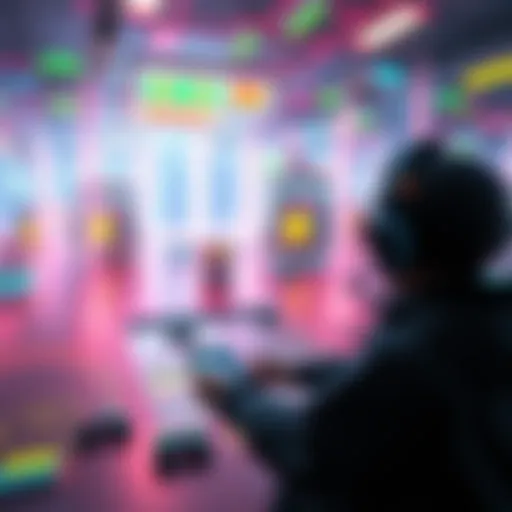 A digital world with a character controlling it, showing a virtual environment with pixelated graphics and game elements.