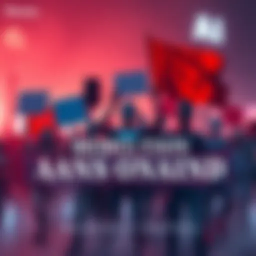 People standing together in defiance against AI, holding banners and signs, symbolizing the fight for human control over technology.